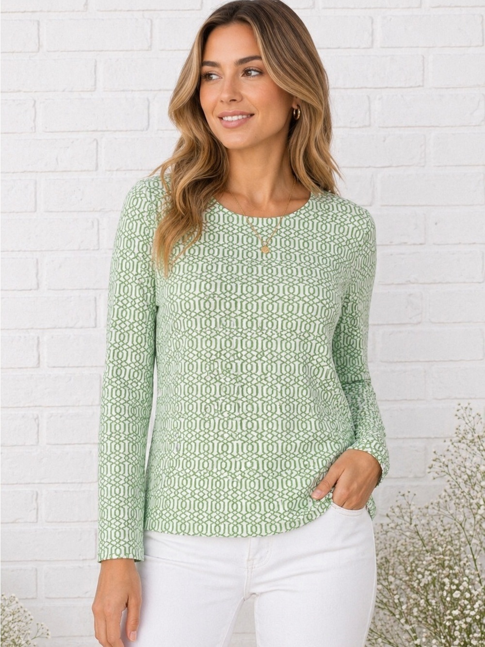 J. McLaughlin Signature Catalina Cloth Green Geo Print Top Size S